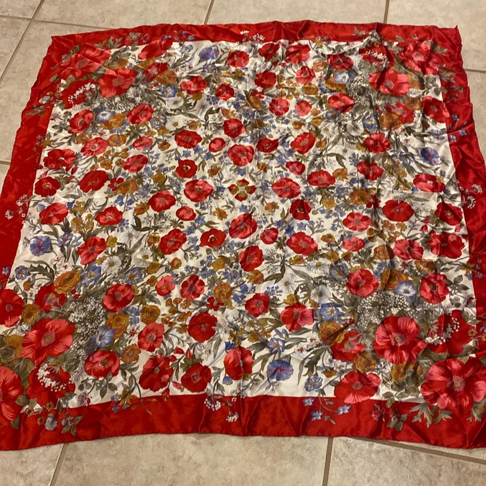 Red Floral Silk Scarf - Women's Floral Square Wrap